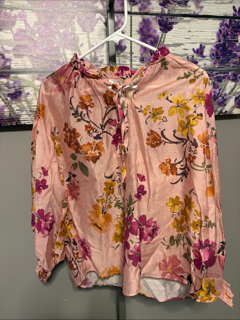 Women’s Renee C. Floral Pink Long-Sleeve Peasant Blouse Size S NWT
